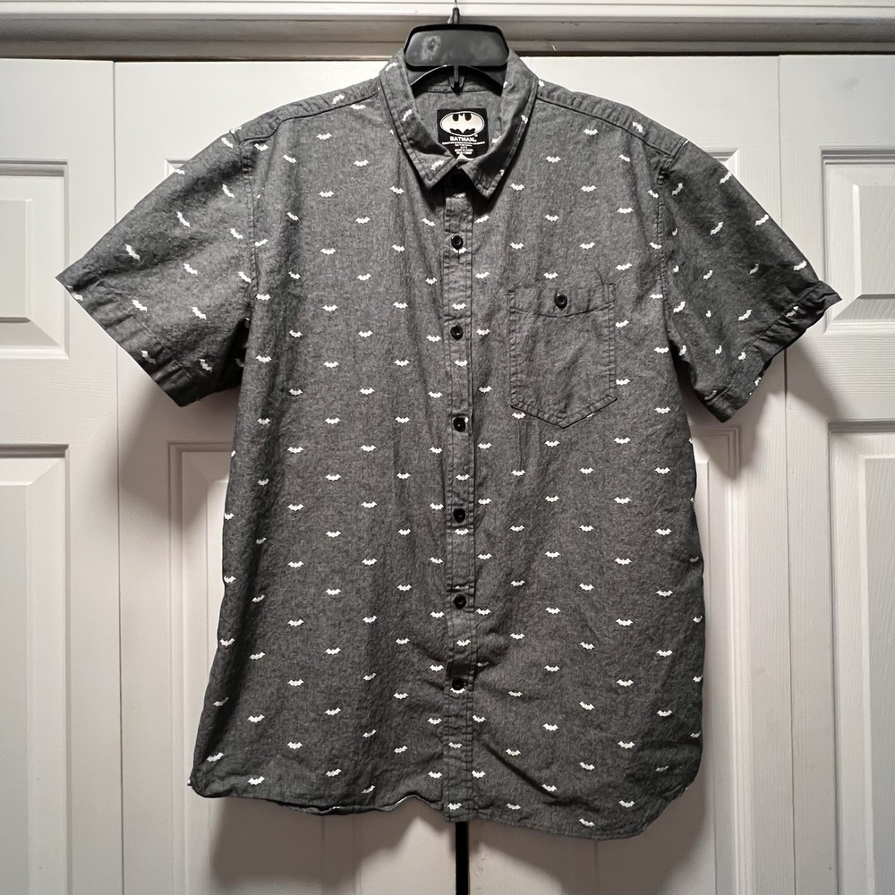 Batman Gray Short Sleeve Button Up All Over Print AOP DC Comics Size XL